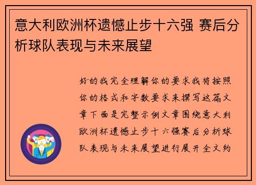 意大利欧洲杯遗憾止步十六强 赛后分析球队表现与未来展望