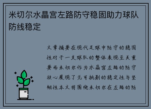 米切尔水晶宫左路防守稳固助力球队防线稳定